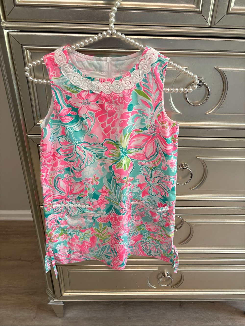 Lilly Pulitzer Pink & Teal Floral Sleeveless Shift with Embroidered Neckline